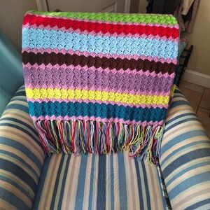 Handmade Crochet Afghan 48x60 Multicolor Striped Throw Blanket Boho Retro Fringe